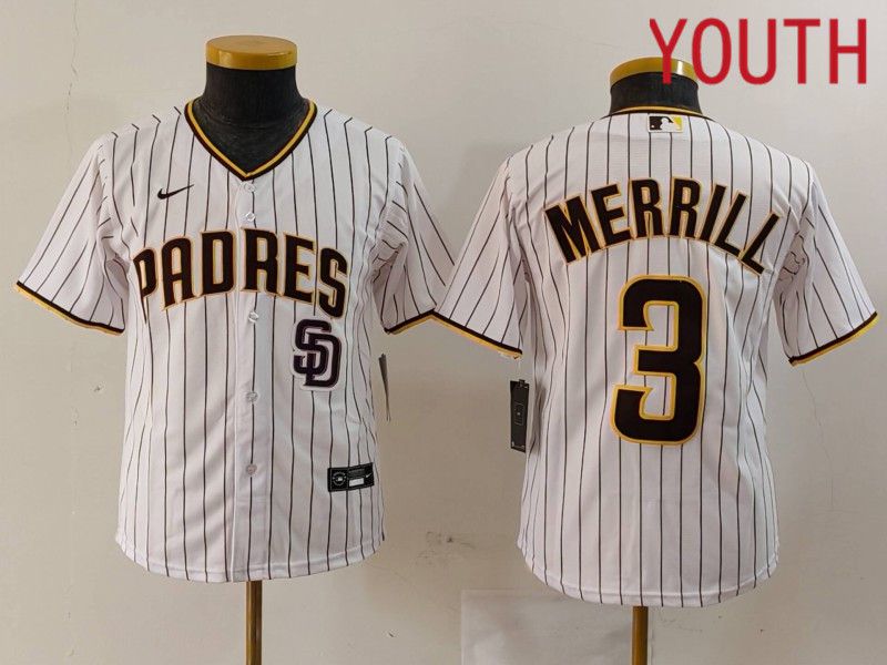 Youth San Diego Padres #3 Merrill White stripe Game 2024 Nike MLB Jersey style 3->youth mlb jersey->Youth Jersey